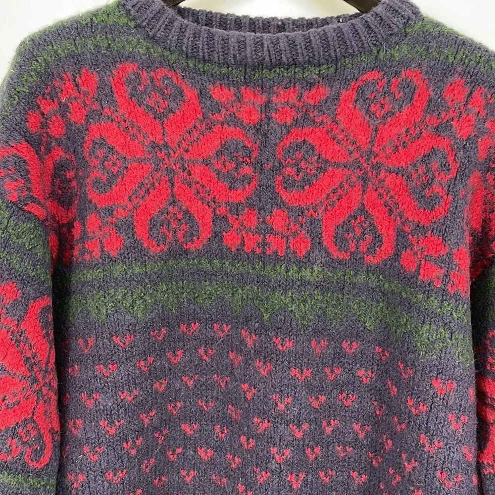 Fair Isle Norsk Handstrikk Blue, Red, Green  Hand Knit Wool Pullover Sweater VTG